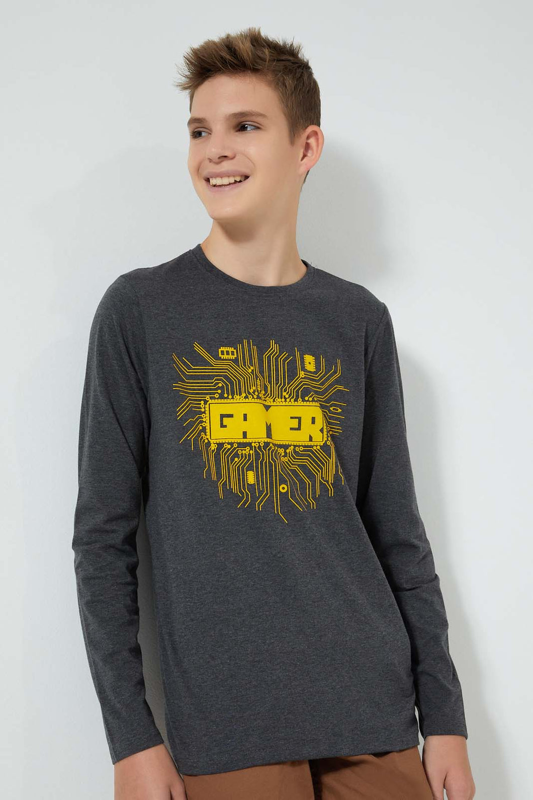 Redtag-Charcoal-Gamer-T-Shirt-Long-Sleeves-Senior-Boys-9 to 14 Years