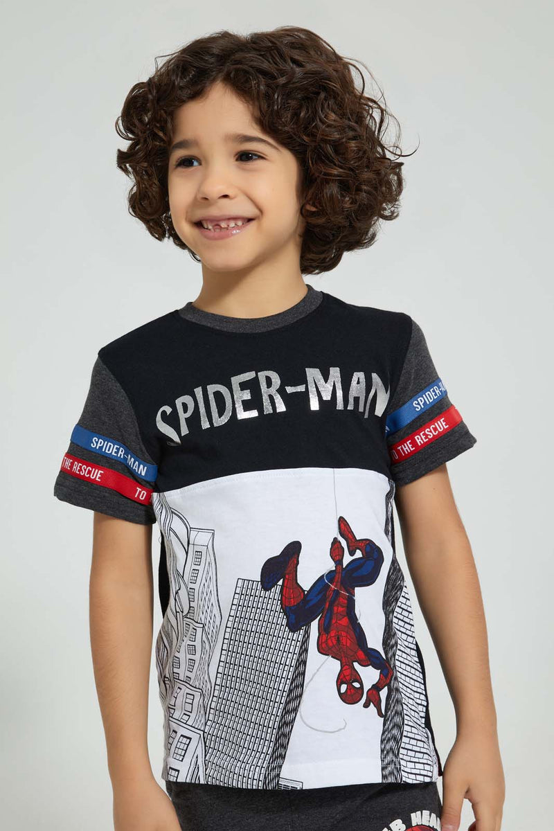 Redtag-Black-Spiderman-Foil-Print-T-Shirt-Character-Boys-2 to 8 Years