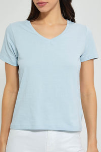 Redtag-Blue-Plain-Short-Sleeve-V-Neck-T-Shirt-Active-Tees-Women's-