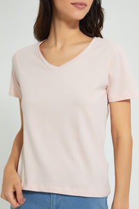 Redtag-Pink-Plain-Short-Sleeve-V-Neck-T-Shirt-Active-Tees-Women's-