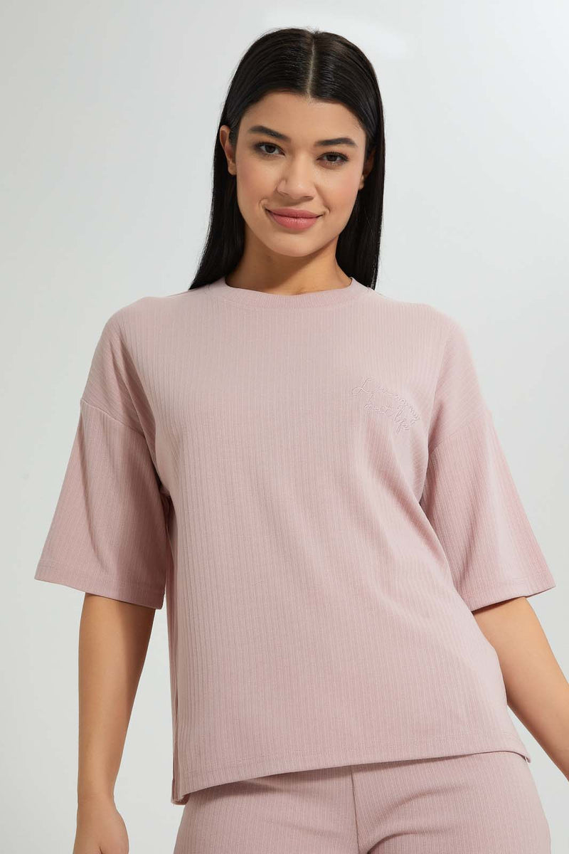 Redtag-Pink-Long-Line-Extended-Sleeve-T-Shirt-With-Emb-Colour:Pink,-Filter:Women's-Clothing,-New-In,-New-In-Women,-Non-Sale,-S22B,-Section:Women,-Women-T-Shirts-Women's-