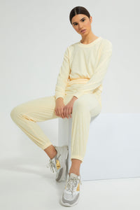 Redtag-Yellow-Crewneck-SweaT-Shirt-With-Gathers-At-Hem-&-Placement-Embroideredroidery-Loungewear-Women's-