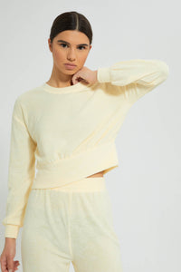 Redtag-Yellow-Crewneck-SweaT-Shirt-With-Gathers-At-Hem-&-Placement-Embroideredroidery-Loungewear-Women's-