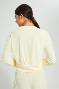 Redtag-Yellow-Crewneck-SweaT-Shirt-With-Gathers-At-Hem-&-Placement-Embroideredroidery-Loungewear-Women's-