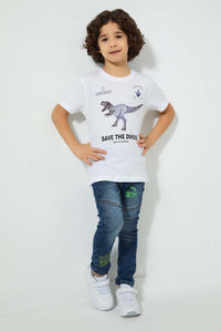 Redtag-White-Oversized-Dino-Print-T-Shirt-All-Over-Prints-Boys-2 to 8 Years