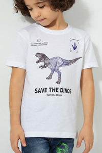 Redtag-White-Oversized-Dino-Print-T-Shirt-All-Over-Prints-Boys-2 to 8 Years