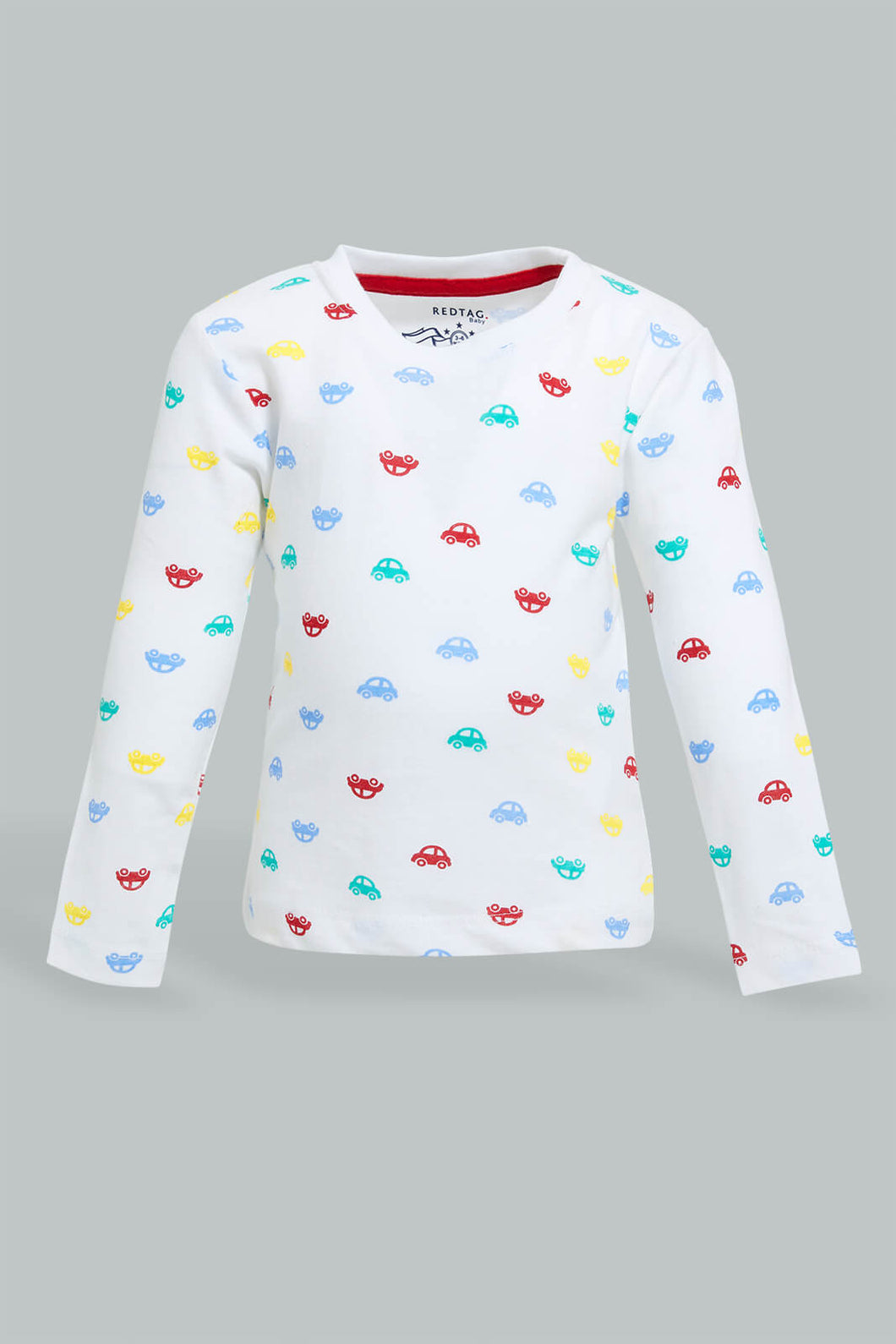 Redtag-White-Car-Printed-Long-Sleeve-T-Shirt-Long-Sleeves-Infant-Boys-3 to 24 Months