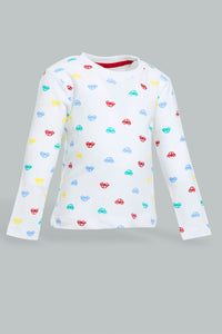 Redtag-White-Car-Printed-Long-Sleeve-T-Shirt-Long-Sleeves-Infant-Boys-3 to 24 Months