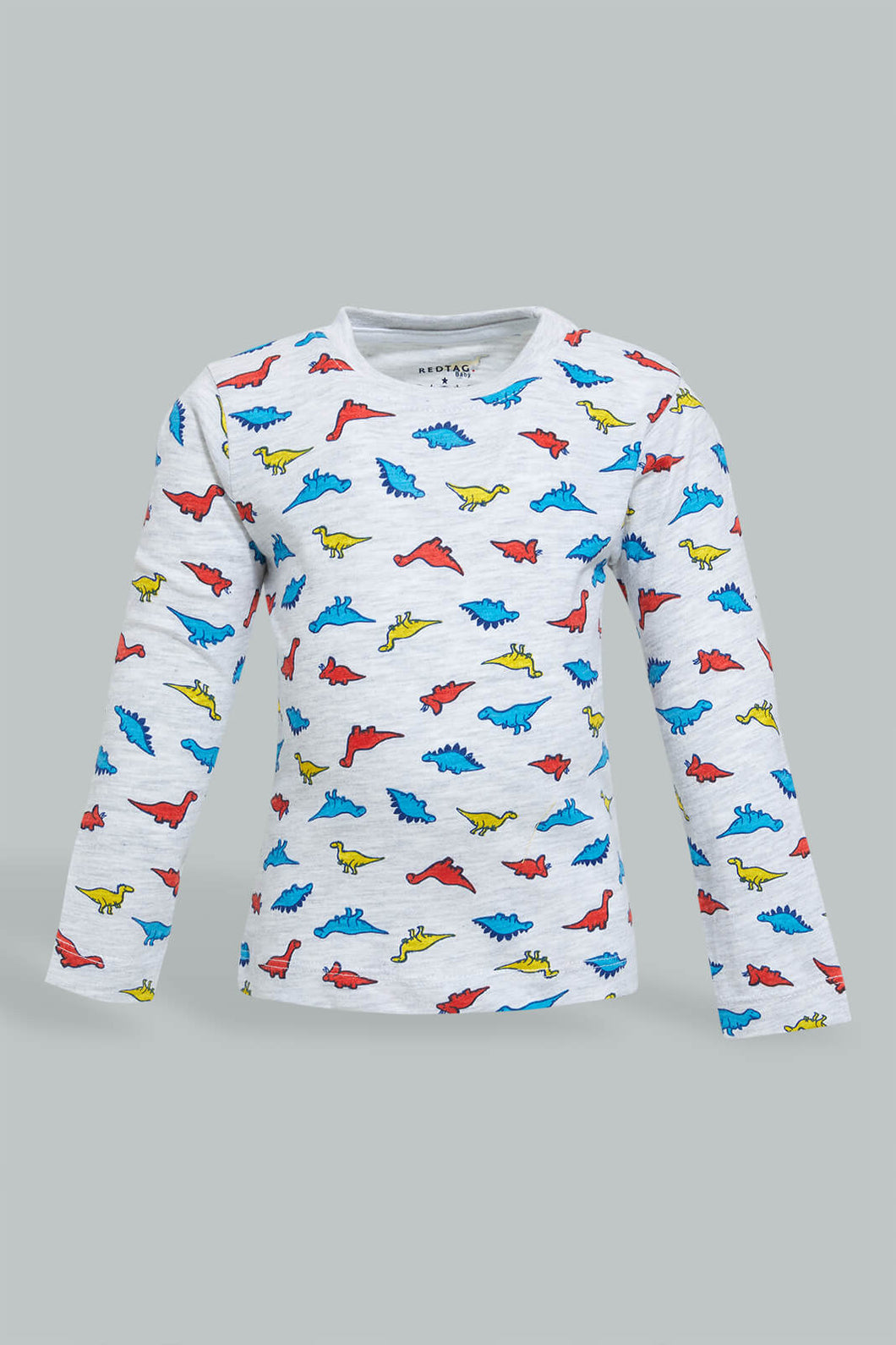 Redtag-Grey-Dino-Printed-Long-Sleeve-T-Shirt-Long-Sleeves-Infant-Boys-3 to 24 Months