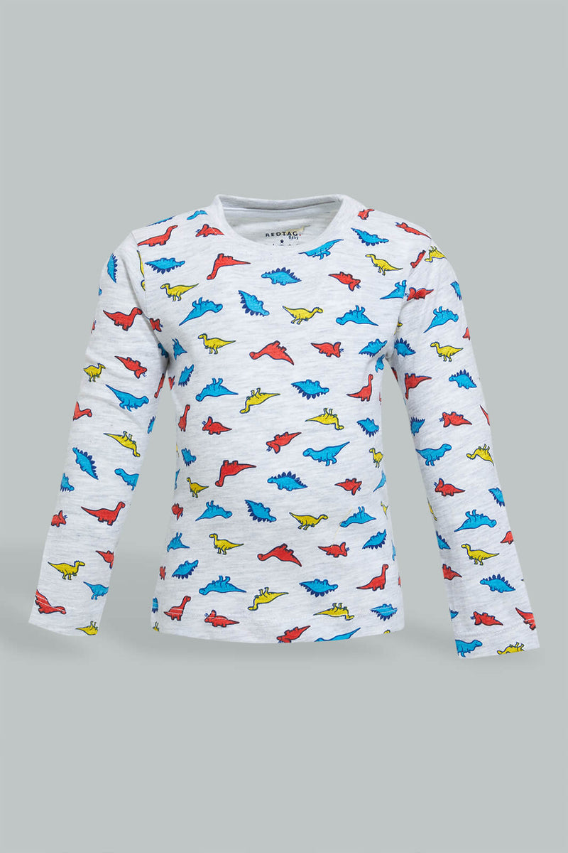 Redtag-Grey-Dino-Printed-Long-Sleeve-T-Shirt-Long-Sleeves-Infant-Boys-3 to 24 Months