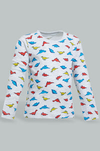 Redtag-Grey-Dino-Printed-Long-Sleeve-T-Shirt-Long-Sleeves-Infant-Boys-3 to 24 Months