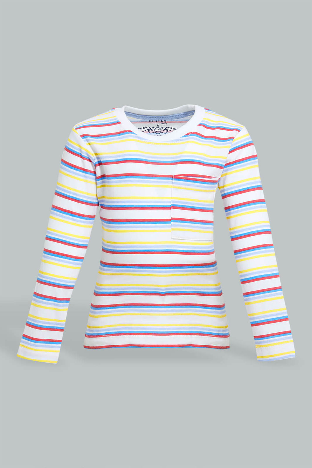 Redtag-Red-And-Yellow-Striped-Long-Sleeve-T-Shirt-Long-Sleeves-Infant-Boys-3 to 24 Months