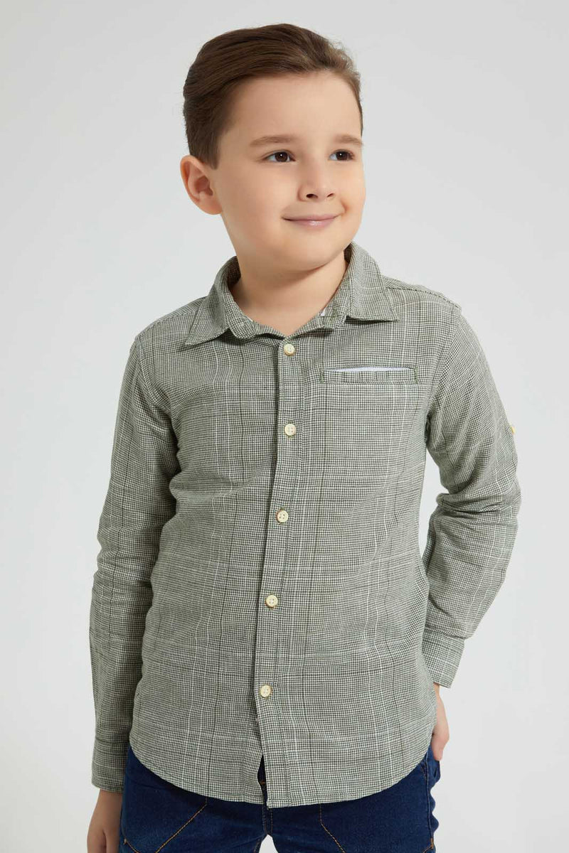 Redtag-Olive-Check-Linen-Feel-Long-Sleeve-Shirt-Casual-Shirts-Boys-2 to 8 Years