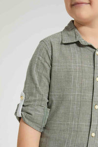 Redtag-Olive-Check-Linen-Feel-Long-Sleeve-Shirt-Casual-Shirts-Boys-2 to 8 Years
