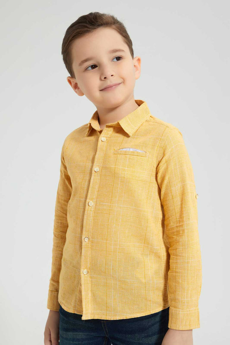 Redtag-Yellow-Check-Linen-Feel-Long-Sleeve-Shirt-Casual-Shirts-Boys-2 to 8 Years