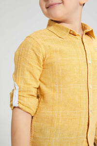 Redtag-Yellow-Check-Linen-Feel-Long-Sleeve-Shirt-Casual-Shirts-Boys-2 to 8 Years