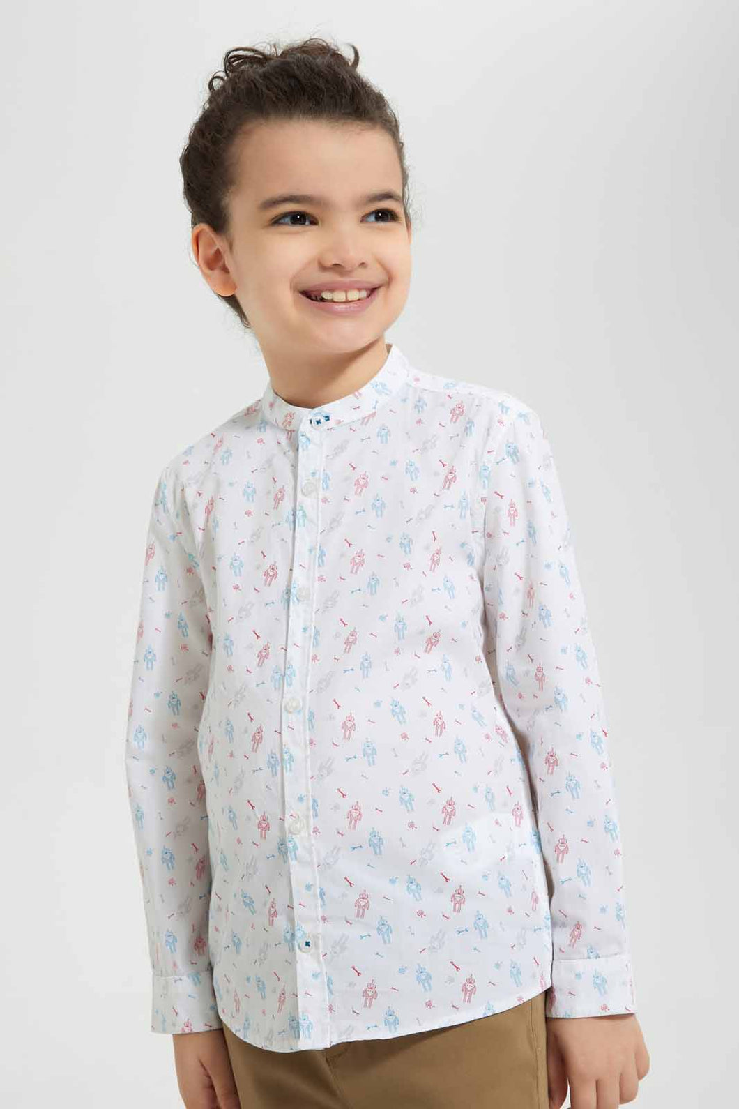 Redtag-White-Robot-Print-Mandarin-Shirt-Casual-Shirts-Boys-2 to 8 Years