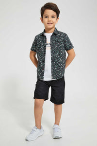 Redtag-Black-Short-Sleeve-Print-Shirt-And-T-Shirt-Set-Casual-Shirts-Boys-2 to 8 Years