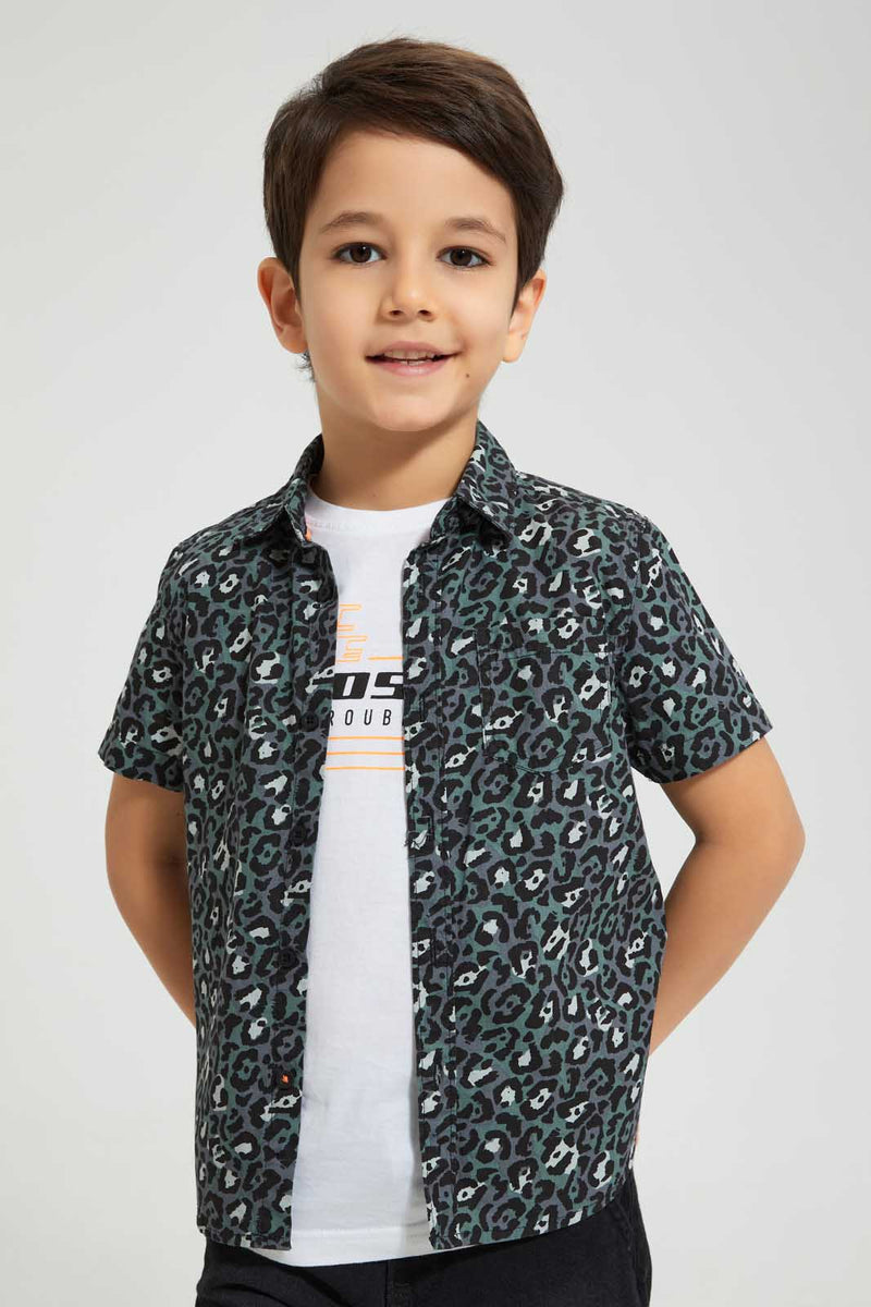 Redtag-Black-Short-Sleeve-Print-Shirt-And-T-Shirt-Set-Casual-Shirts-Boys-2 to 8 Years