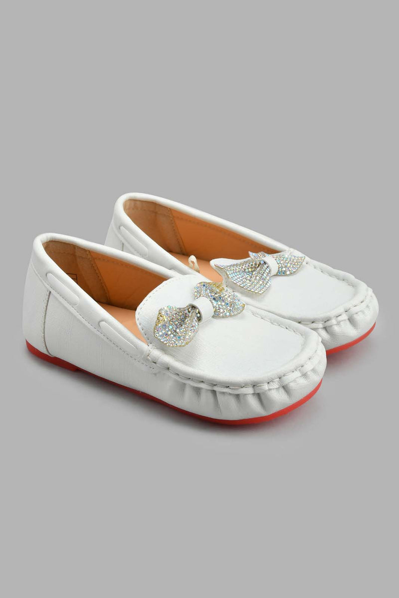 Redtag-White-Bow-Trim-Moccasin-Loafers-Girls-3 to 5 Years