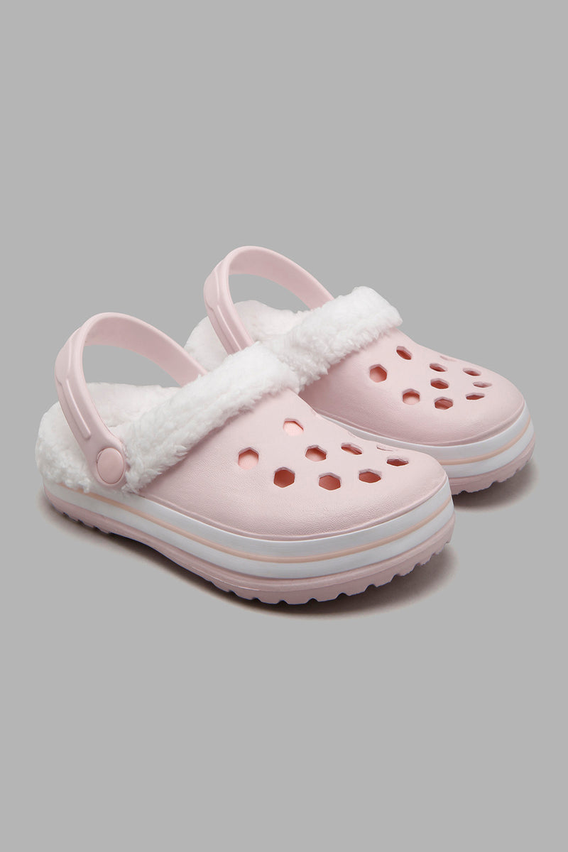 Redtag-Pale-Pink-Clogs-With-Faux-Fur-Clogs-Girls-3 to 5 Years