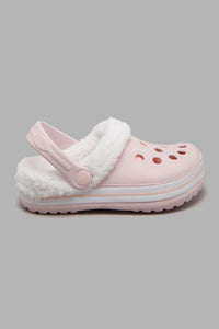 Redtag-Pale-Pink-Clogs-With-Faux-Fur-Clogs-Girls-3 to 5 Years