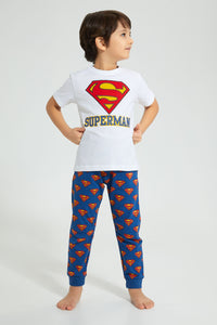 Redtag-White-Superman-Longpant-Pyjama-Set-Pyjama-Sets-Boys-2 to 8 Years