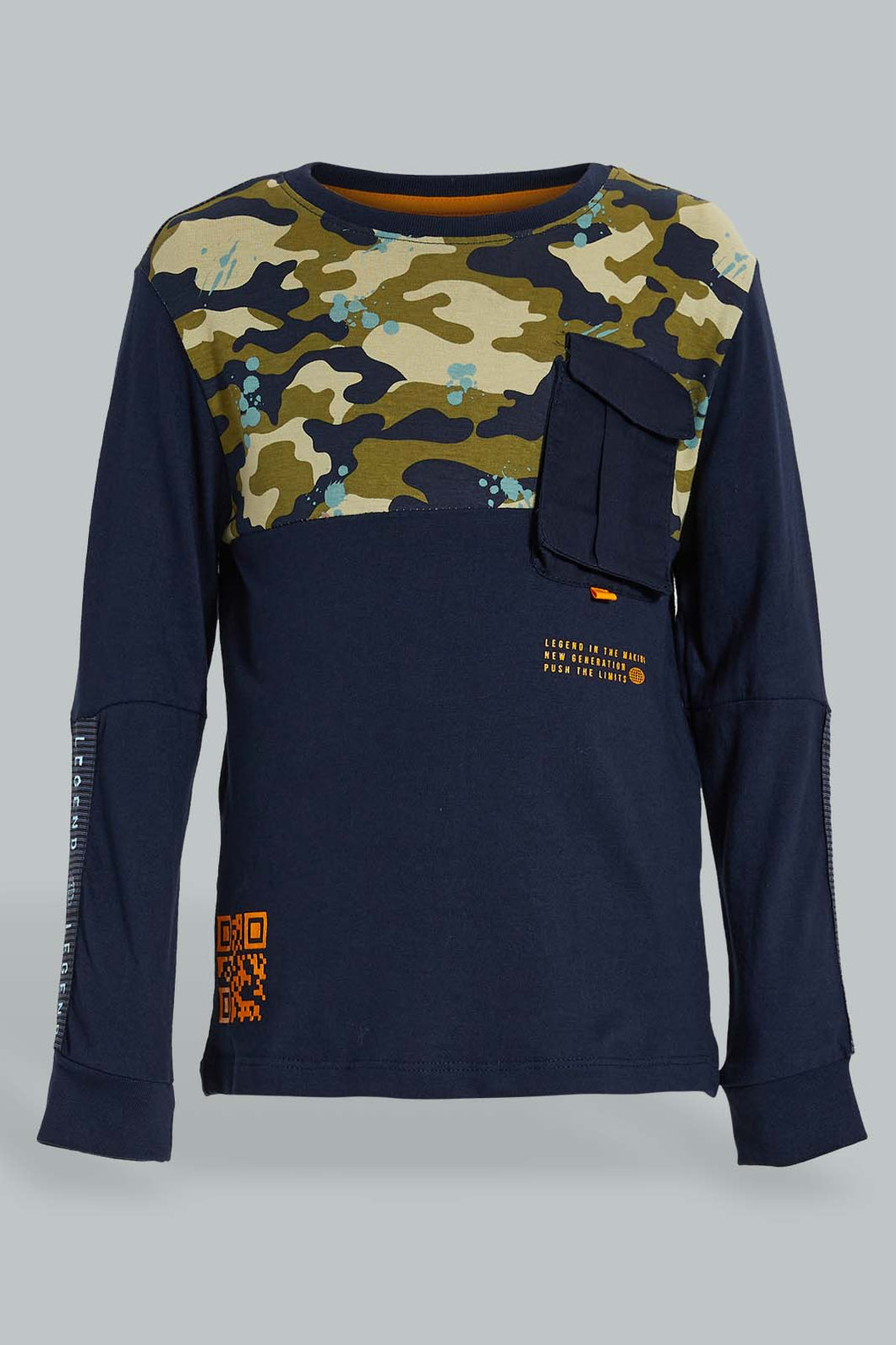Redtag-Navy-Panelled-Print-Longsleeve-T-Shirt-Embellished-Boys-2 to 8 Years