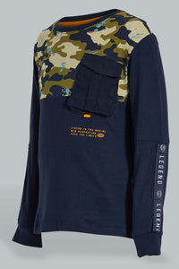 Redtag-Navy-Panelled-Print-Longsleeve-T-Shirt-Embellished-Boys-2 to 8 Years