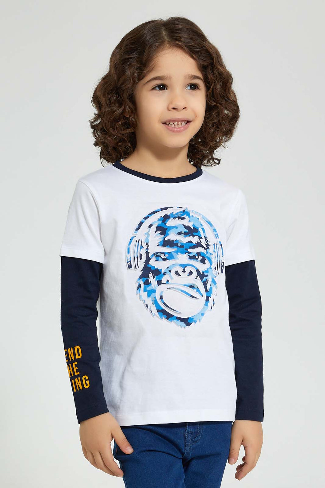 Redtag-White-Layered-Printed-T-Shirt-Graphic-Prints-Boys-2 to 8 Years