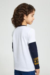 Redtag-White-Layered-Printed-T-Shirt-Graphic-Prints-Boys-2 to 8 Years