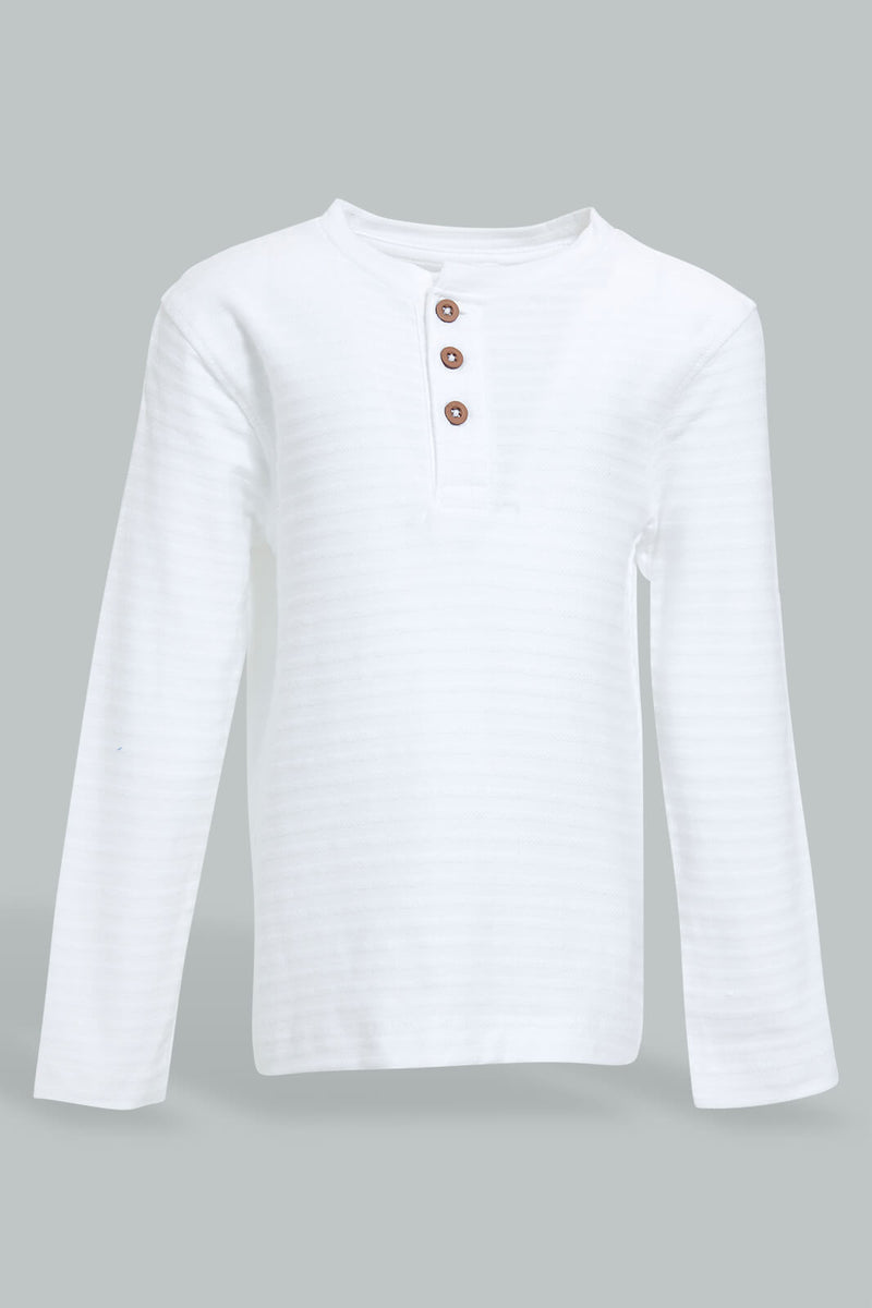 Redtag-White-Jacquard-Long-Sleeve-T-Shirt-V-Neck-Infant-Boys-3 to 24 Months