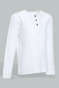 Redtag-White-Jacquard-Long-Sleeve-T-Shirt-V-Neck-Infant-Boys-3 to 24 Months