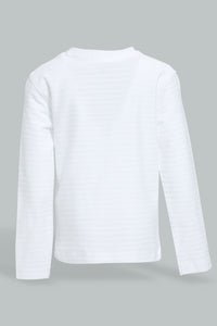 Redtag-White-Jacquard-Long-Sleeve-T-Shirt-V-Neck-Infant-Boys-3 to 24 Months