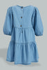 Redtag-Denim-Long-Ruffle-Sleeves-Dress-Dresses-Infant-Girls-3 to 24 Months