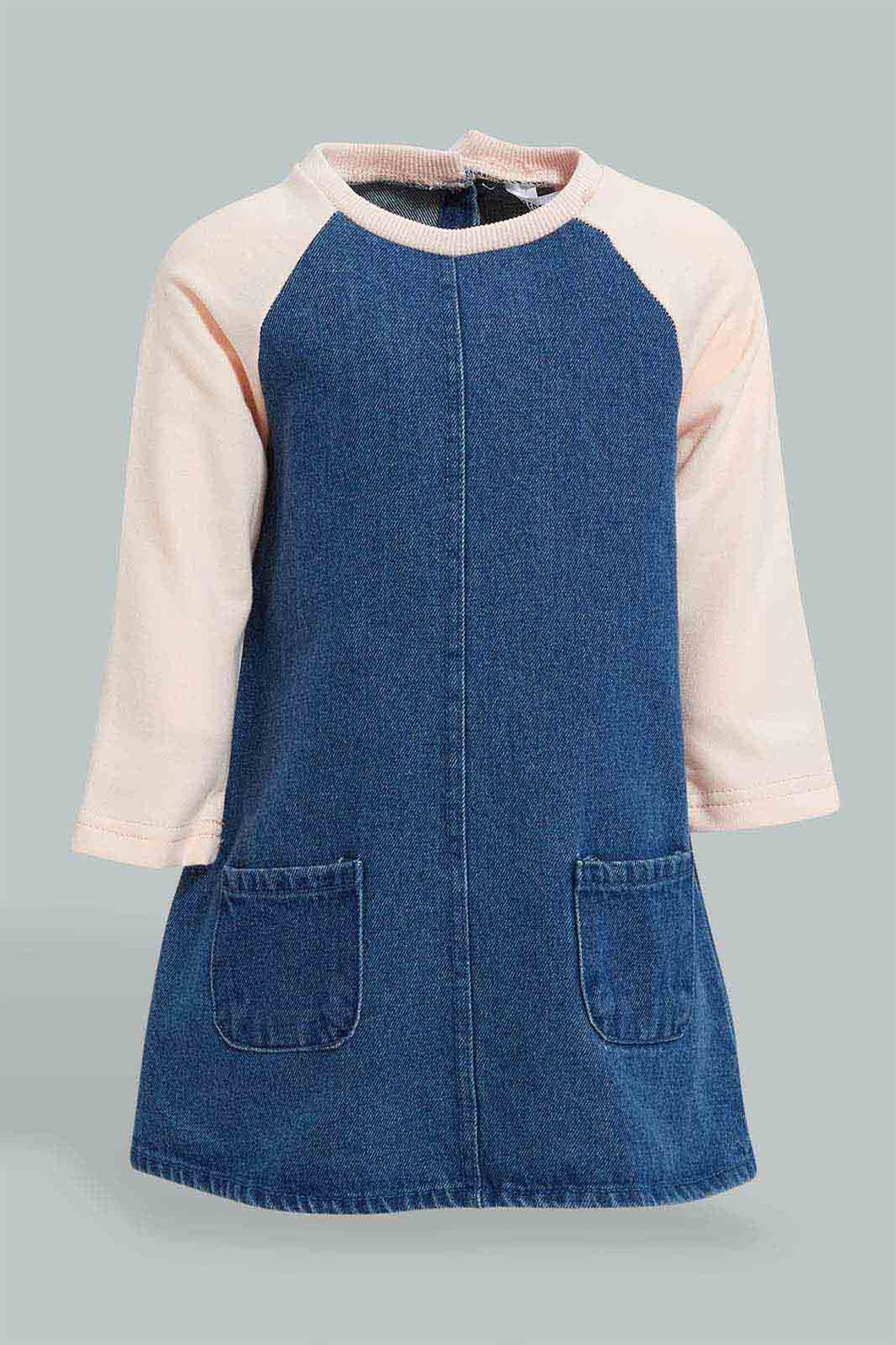 Redtag-Denim-Knitted-Slvs-Sleeves-Dress-With-Pocket-Details-Colour:Denim,-Filter:Infant-Girls-(3-to-24-Mths),-Infant-Girls-Dresses,-New-In,-New-In-ING,-Non-Sale,-S22A,-Section:Kidswear-Infant-Girls-3 to 24 Months