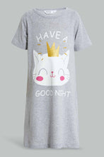 Load image into Gallery viewer, Redtag-Grey-Cat-Print-Basic-Nightshirt-Nightshirts-Girls-2 to 8 Years
