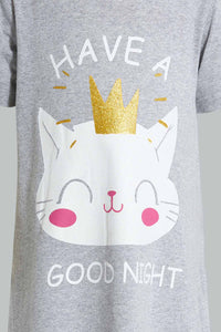Redtag-Grey-Cat-Print-Basic-Nightshirt-Nightshirts-Girls-2 to 8 Years