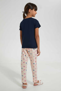 Redtag-Navy-Donut-Print-Basic-Nightsuit-Pyjama-Sets-Girls-2 to 8 Years