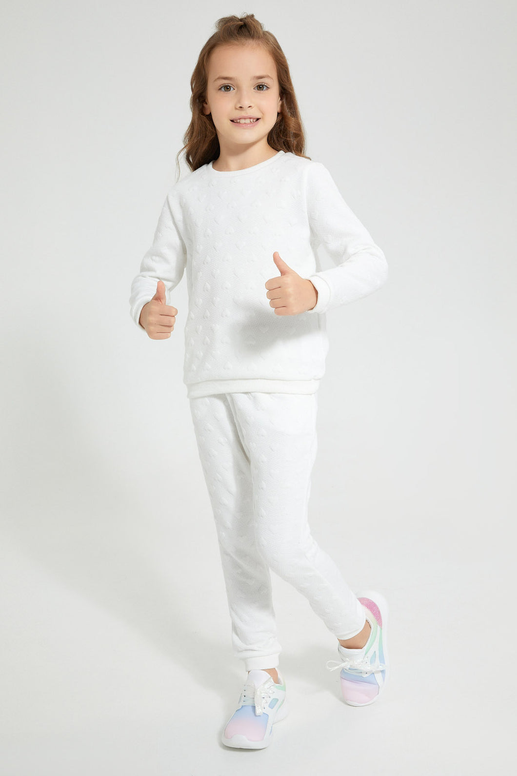 Redtag-White-Heart-Jacquard-Jog-Suit-Jog-Sets-Girls-2 to 8 Years