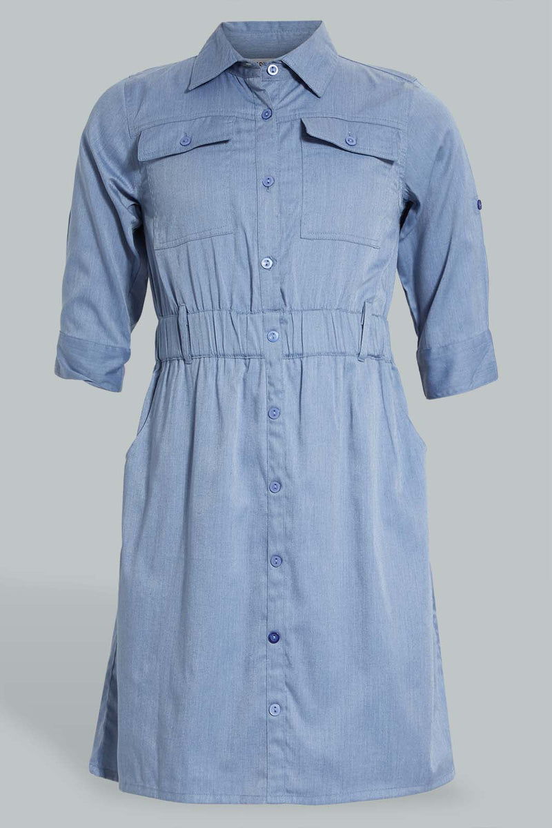 Redtag-Denim-Cargo-Pocket-3/4-Sleeve-Shirt-Dress-Dresses-Senior-Girls-9 to 14 Years