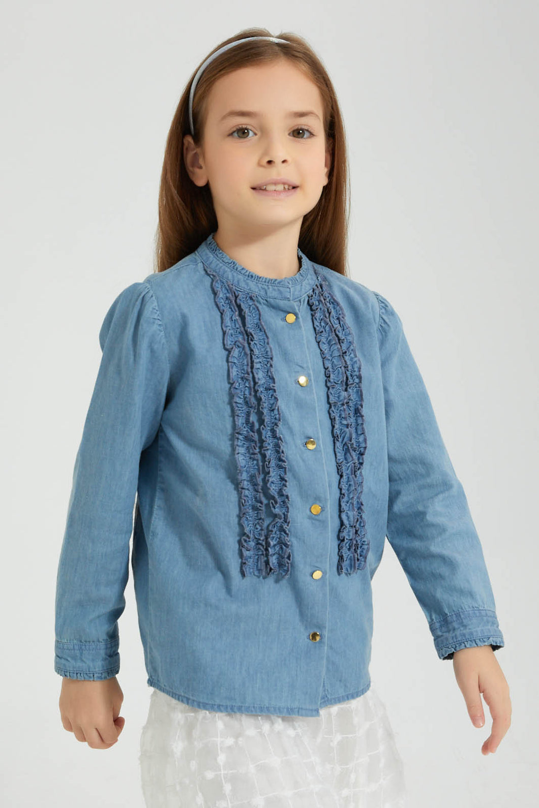 Redtag-Denim-Frill-Front-Blouse-Colour:Denim,-Filter:Girls-(2-to-8-Yrs),-Girls-Blouses,-New-In,-New-In-GIR,-Non-Sale,-S22B,-Section:Kidswear-Girls-2 to 8 Years