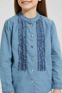 Redtag-Denim-Frill-Front-Blouse-Colour:Denim,-Filter:Girls-(2-to-8-Yrs),-Girls-Blouses,-New-In,-New-In-GIR,-Non-Sale,-S22B,-Section:Kidswear-Girls-2 to 8 Years
