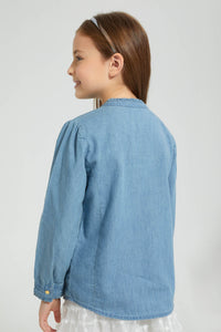 Redtag-Denim-Frill-Front-Blouse-Colour:Denim,-Filter:Girls-(2-to-8-Yrs),-Girls-Blouses,-New-In,-New-In-GIR,-Non-Sale,-S22B,-Section:Kidswear-Girls-2 to 8 Years