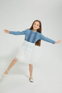 Redtag-Denim-Frill-Front-Blouse-Colour:Denim,-Filter:Girls-(2-to-8-Yrs),-Girls-Blouses,-New-In,-New-In-GIR,-Non-Sale,-S22B,-Section:Kidswear-Girls-2 to 8 Years
