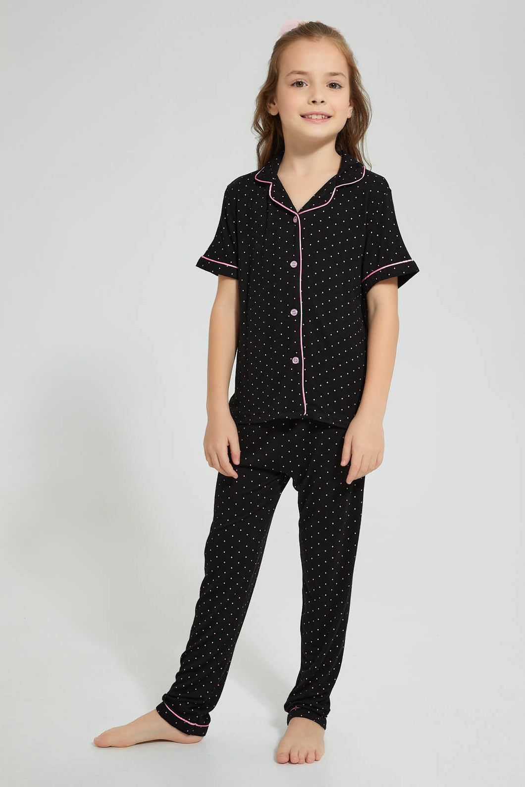 Redtag-Black-Printed-Pink-Spots-Knitted-Nightsuit-Colour:Black,-Filter:Girls-(2-to-8-Yrs),-Girls-Pyjama-Sets,-New-In,-New-In-GIR,-Non-Sale,-S22B,-Section:Kidswear-Girls-2 to 8 Years