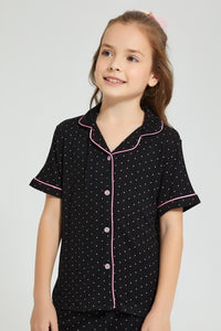 Redtag-Black-Printed-Pink-Spots-Knitted-Nightsuit-Colour:Black,-Filter:Girls-(2-to-8-Yrs),-Girls-Pyjama-Sets,-New-In,-New-In-GIR,-Non-Sale,-S22B,-Section:Kidswear-Girls-2 to 8 Years