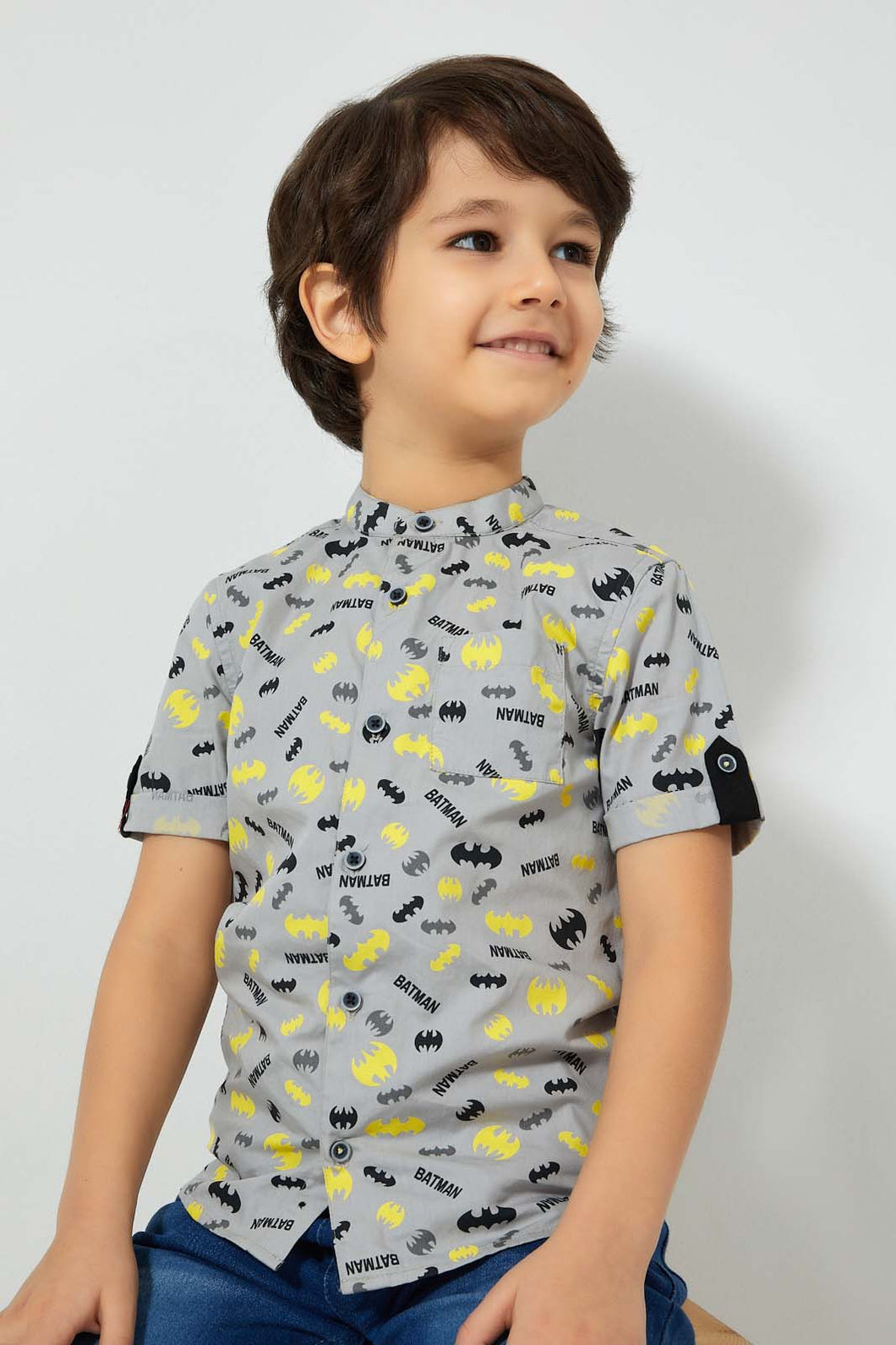 Redtag-Grey-Batman-Short-Sleeve-Shirt-Casual-Shirts-Boys-2 to 8 Years