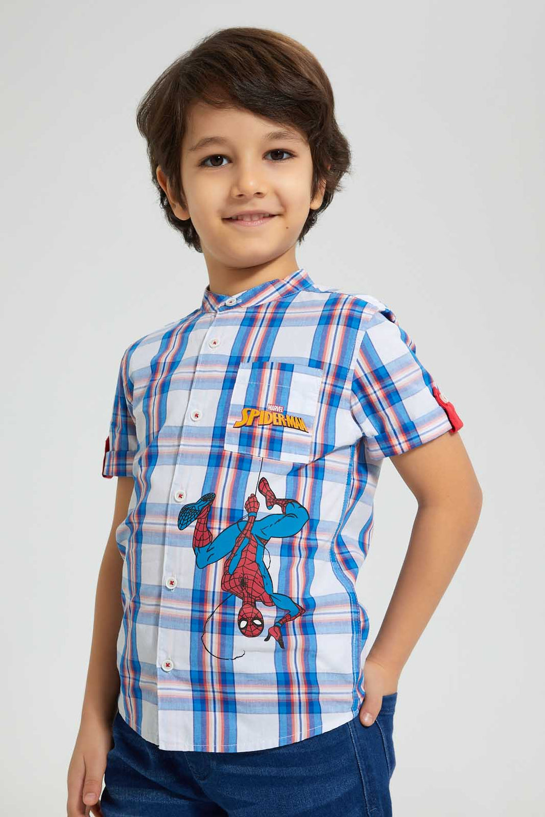 Redtag-White-Check-Spiderman-Shirt-Casual-Shirts-Boys-2 to 8 Years