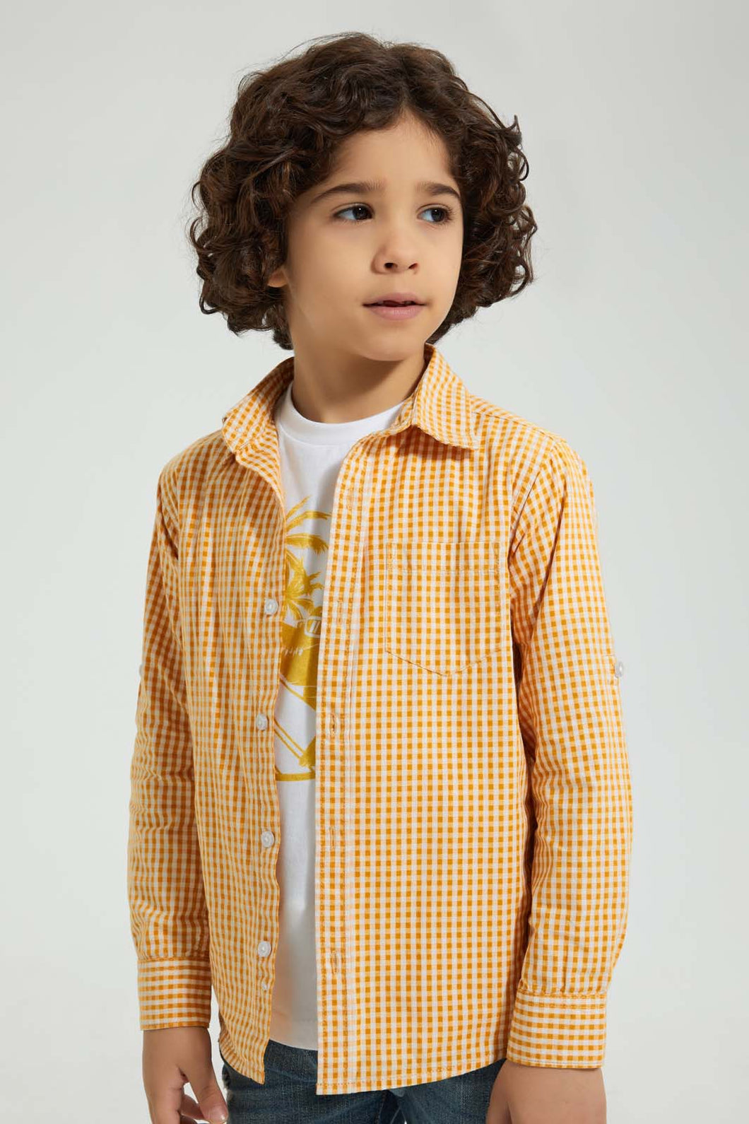Redtag-Yellow-Check-Shirt-And-T-Shirt-Set-Casual-Shirts-Boys-2 to 8 Years